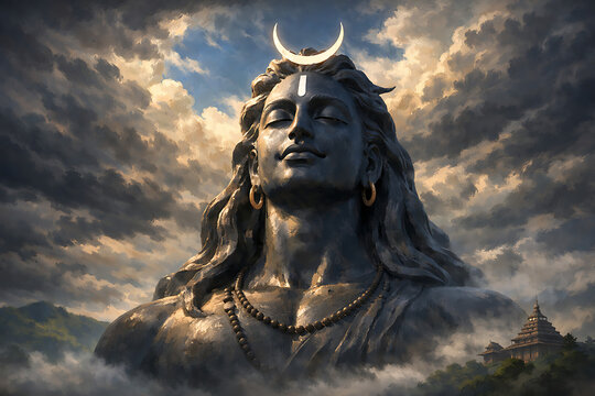 Giant stone statue of mahadev with temple and mountains for the holy celebration of maha shivratri and the spiritual morning prayer of maha shomvar