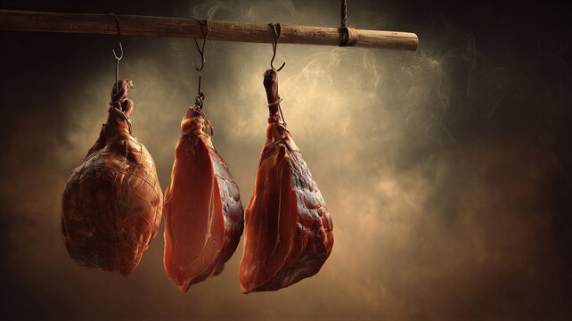 Smoked ham hanging on hooks in wooden smokehouse. Traditional meat processing and pork production. Concept of organic farm food production, artisanal butchery and culinary craft.
