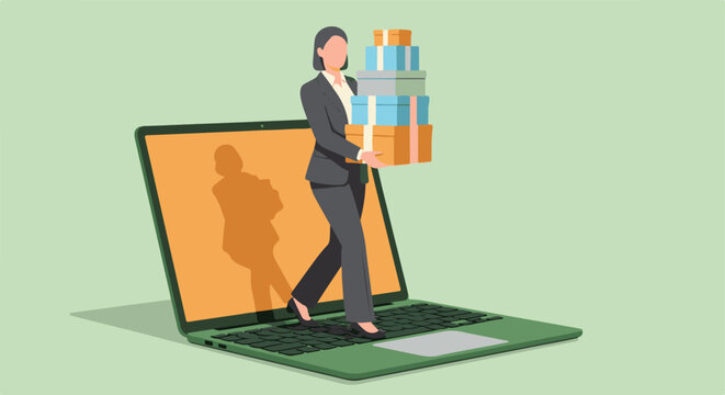 Businesswoman emerging from laptop screen carrying stack of gift boxes