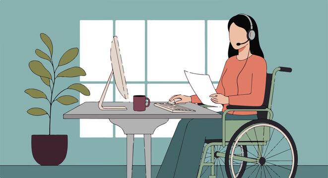 Woman in wheelchair working remotely with headset at desk, inclusive workplace
