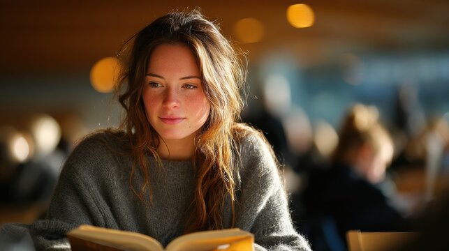 Student Reading Book in Soft Light at a Busy Location During Study Time With Other People Around