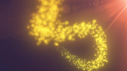 Naklejka premium Abstract glowing golden particles forming curved trail under warm sun flare