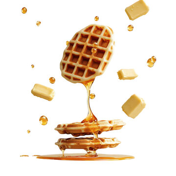 A stack of golden brown waffles with cascading amber maple syrup and falling cubes of fresh butter isolated on transparent background