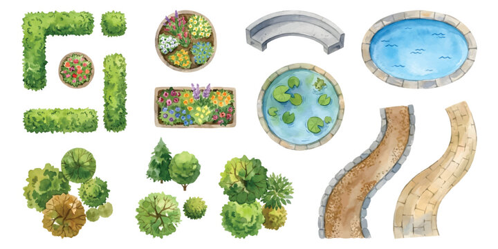 Watercolor set of top down landscape architecture garden elements including trees, bushes, hedges, stone paths, flower planters, and ponds isolated on transparent background