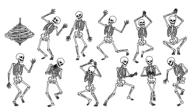 Hand drawn dancing skeletons sketch style funny skull art vector illustration collection