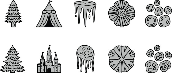 Black and white of Christmas tree tent melting ice cream flower rocks castle © Md