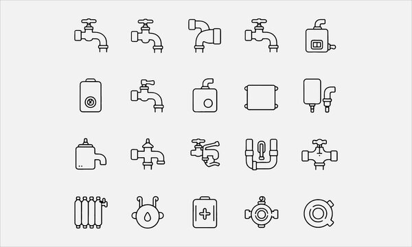 Heating & Plumbing line editable icon set. Containing pipe, plumber, faucet, radiator, boiler, service, boiler, valve, and more.Vector illustration