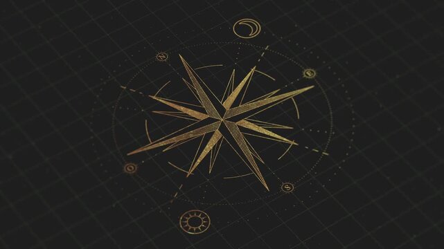 Golden wind rose compass animation. Minimal monochrome navigation symbol. Geographic direction concept. Seamless loop.