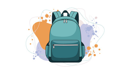 Fototapeta premium Cartoon style blue backpack with abstract shapes and paint splatters