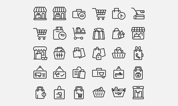 Shopping icon set. Containing Shop, store, cart, market, buyer, purchase, goods and more. Editable stroke. Vector illustration