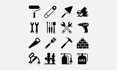 Solid Black Vector Icon paint roller vector, repair key, building trowel, small tools, adjustable...