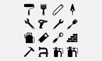 Fototapeta premium Solid Black Vector Icon paint roller vector, repair key, building trowel, small tools, adjustable wrench, drill, hand saw, spatula, paving slab,