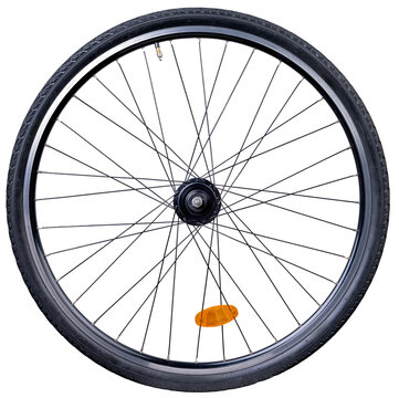 Bicycle wheel for a trekking bike with a hub dynamo. Isolated background.