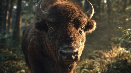 Obraz premium Large bison stands in a forest during the early morning light with trees and soft ground visible around it