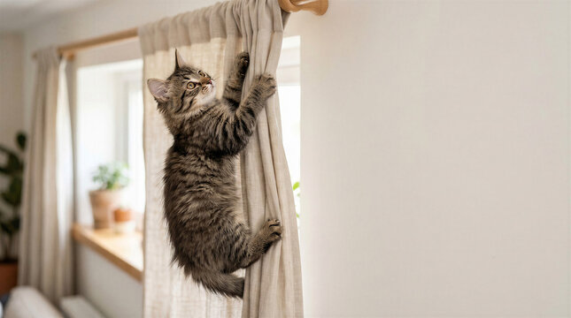 Tabby cat climbing curtains in bright, cozy indoor space  