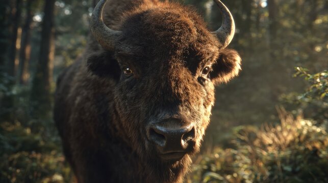 Large bison stands in a forest during the early morning light with trees and soft ground visible around it
