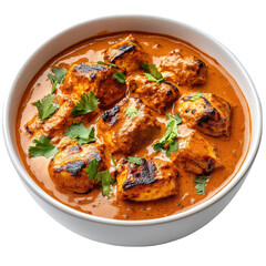 Fototapeta premium Delicious indian style grilled chicken tikka masala in white bowl with herbs transparent background