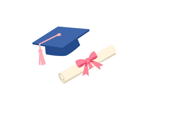 A blue graduation cap with a pink tassel and a rolled-up cream