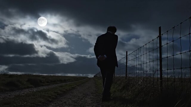 A solitary figure, silhouetted against a dramatic night sky, walks along a desolate dirt path. A luminous full moon breaks through a canopy of dark, atmospheric clouds, casting an ethereal glow over t
