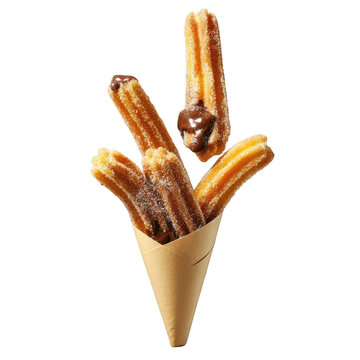 Delicious sweet churros in paper cone with sugar and chocolate filling transparent background