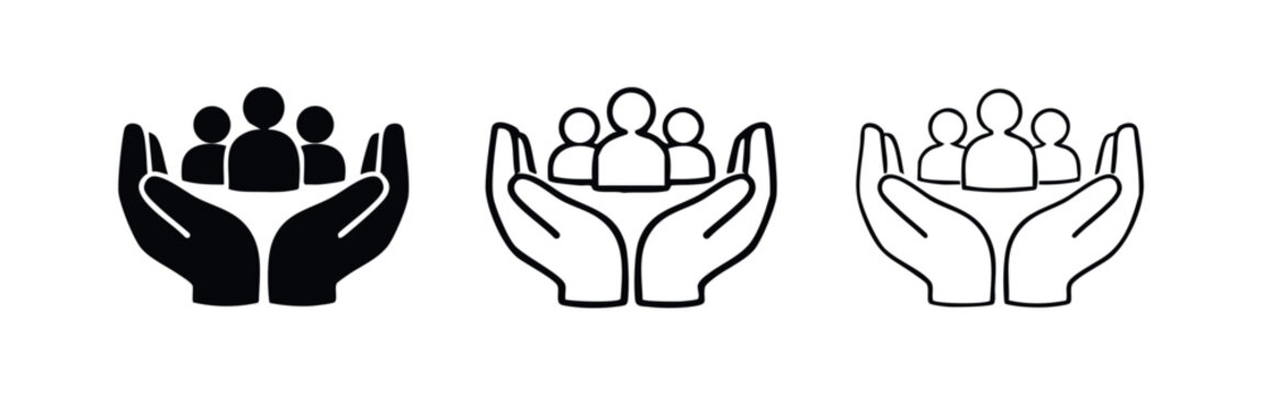 Protecting hands holding people icon, symbolizing human care, support, community services, and shared responsibility.
