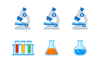 A set of flat vector icons featuring three blue microscopes, a rack © icon_art