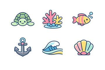 Fototapeta premium Six cute ocean-themed icons including a turtle, coral, fish, anchor