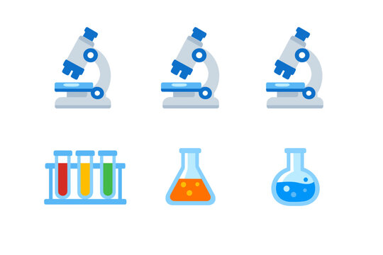 A set of flat vector icons featuring three blue microscopes, a rack