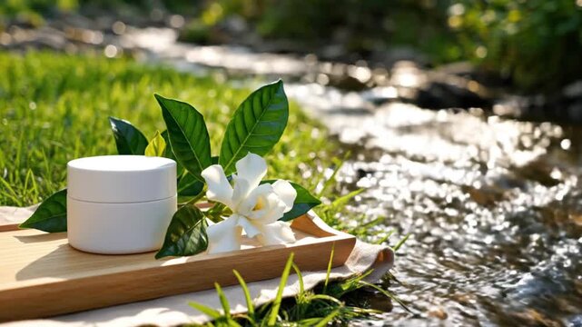 A pristine white cosmetic jar, a delicate white flower, and fresh green leaves are artfully displayed on a wooden tray. The tranquil scene, set by a sparkling stream and lush grass, evokes natural pur