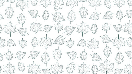 Fototapeta premium Autumn dark green line art seamless pattern, falling leaves, isolated on white background
