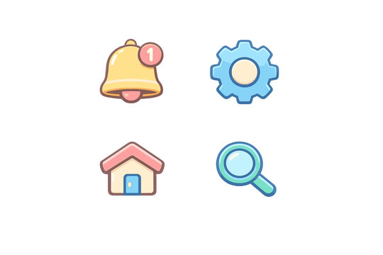 A collection of four cute, stylized user interface icons featuring a
