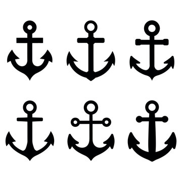 Set of six anchor icons in black silhouette, vector illustration of various nautical symbols for marine themes and seafaring designs