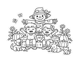 Fototapeta premium Scarecrow friend scene with kids laughing and waving, sitting near pumpkins and hay bales, friendly animals and flowers