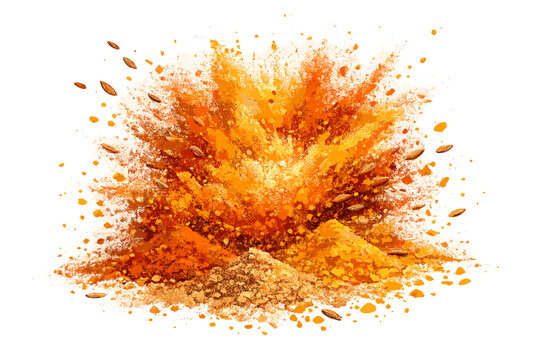 Vibrant explosion of aromatic spice powders and whole seeds in shades