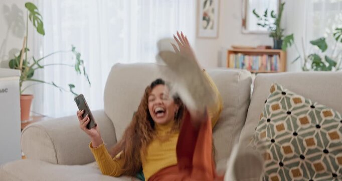 Winner, dance or excited woman with phone, success alert or good news online in home for giveaway. Wow, omg and happy female person with mobile app bonus, victory and lottery results notification