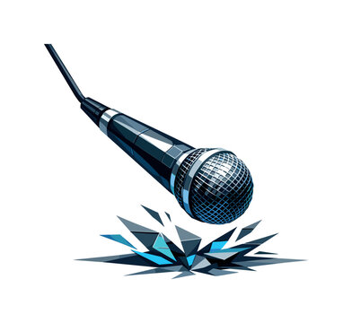 Low-poly vector illustration focused on microphone stage drop showing the setup moment before the fall, geometric microphone