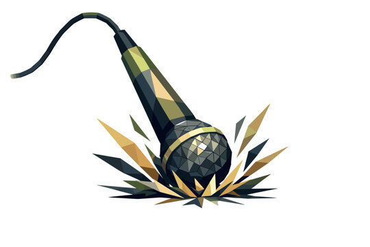 Low-poly vector illustration focused on microphone stage drop, faceted stage microphone falling downward with angular cable