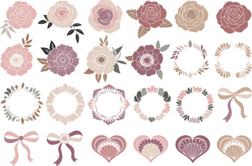 A collection of floral elements featuring roses, decorative wreaths, bows and heart shaped designs Vector © Orpita