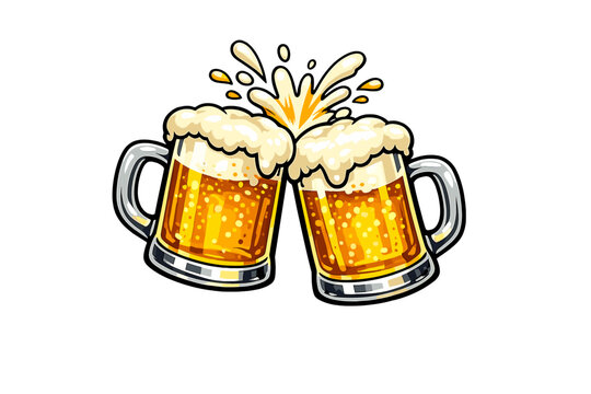 A vibrant vector illustration of two overflowing beer mugs clinking