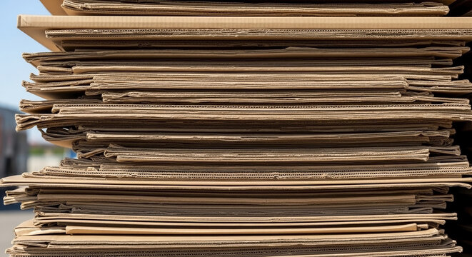 Stack of flattened cardboard for reuse prepared for recycling facility. Large pile of brown corrugated boxes creating textured pattern, ready for processing into new products.