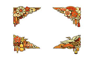 Fototapeta premium A set of four traditional East Asian corner borders featuring floral