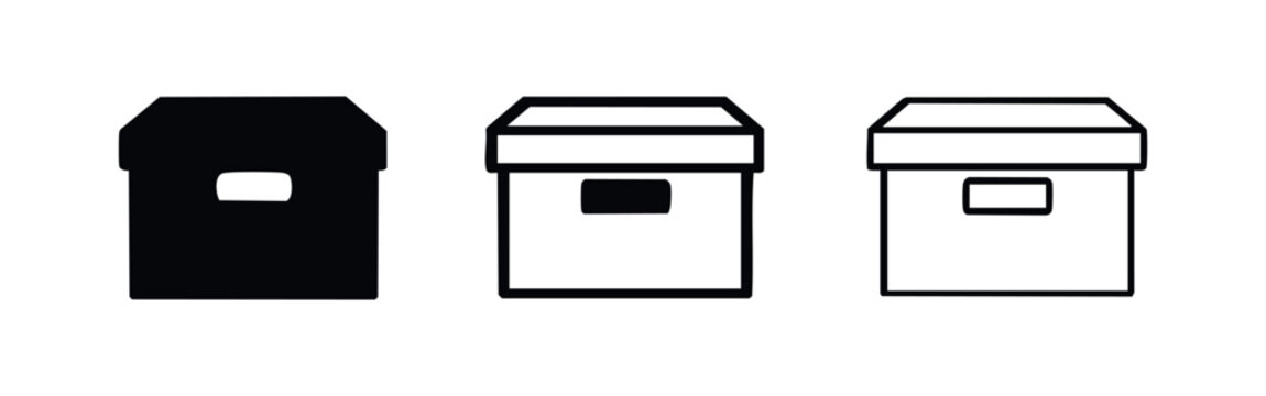 Archive box icon set, storage container symbol collection in black and white