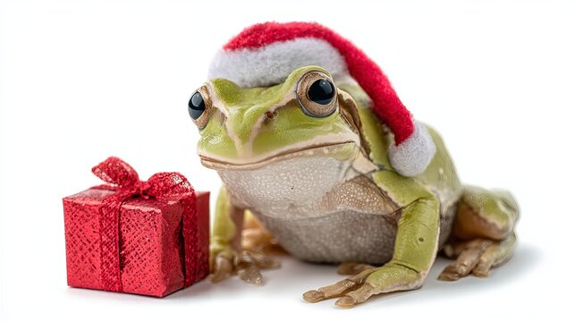 A green frog wearing a Santa hat sits next to a red gift box on a white background