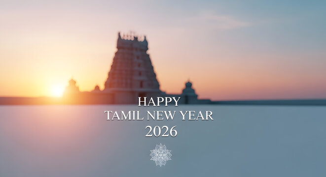 Happy Tamil New Year 2026 background poster temple tower gopuram silhouette sunset festival celebration culture tradition