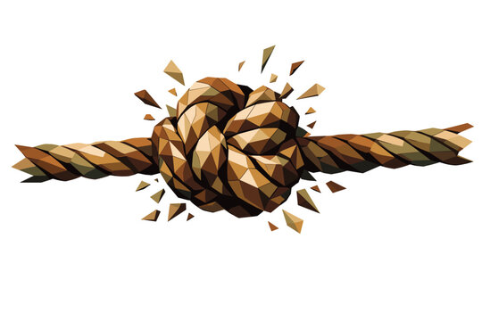 Low-poly vector illustration of a rope knot pulled tight, thick rope strands twisting into a compact central knot with sharply