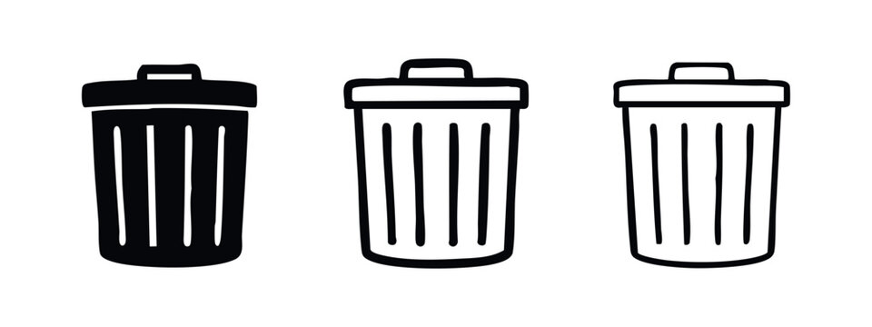 Trash can icon set, delete and recycle bin vector symbols for UI design