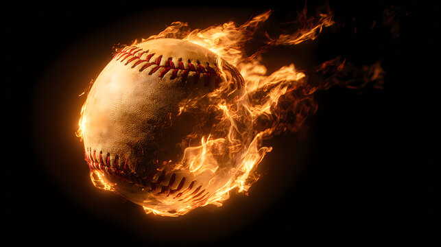 A baseball engulfed in vibrant flames showcasing intense heat and dynamic energy against darkness