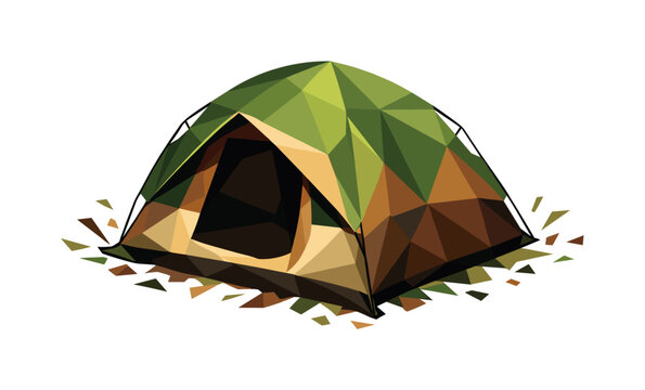 Low-poly vector illustration of a pop-up camping tent fully expanded, faceted fabric panels forming sharp triangular surfaces and