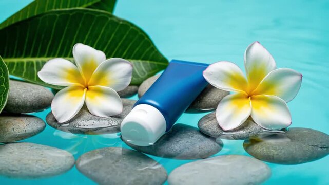 A serene and vibrant composition featuring a generic blue cosmetic tube floating gracefully on clear turquoise water. It is artfully surrounded by smooth, grey spa stones, delicate white and yellow tr