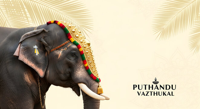 Puthandu vazthukal tamil new year greeting card decorated elephant head profile golden ornament palm leaf mandala background